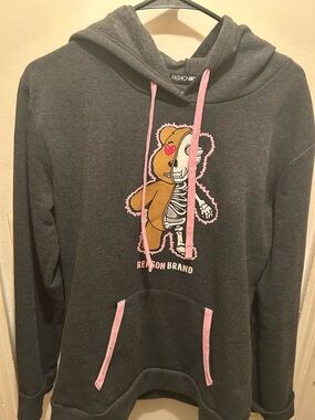 Fashion Nova Charcoal Hoodie with Pink Accents and Teddy Skeleton Graphic
